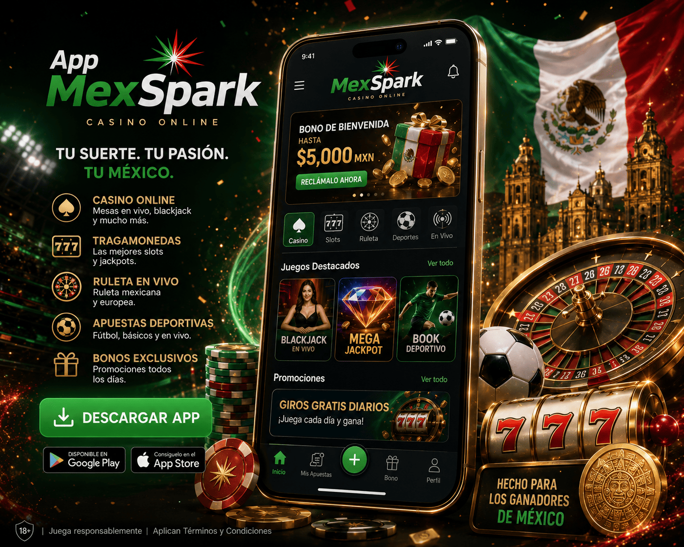 joker777 - visual principal de la app movil Escena de app movil de joker777 con telefono Android, monedas y elementos de interfaz de juego